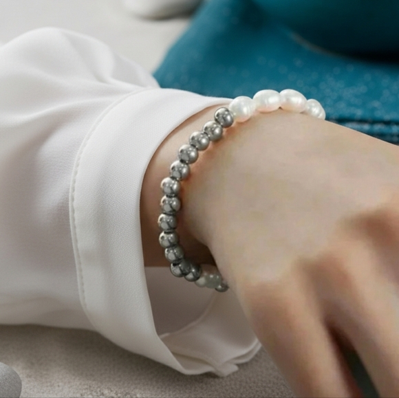 🆕 Boho Chic Minimalist White Gold Plated Beaded Stretch Bracelet with Pearls - Picture 9 of 12